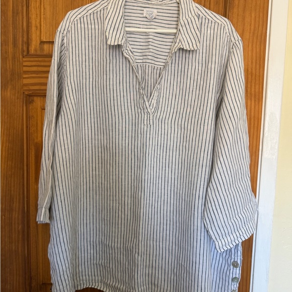 Sigrid Olsen Tops - Sigrid Olsen 100% linen White Shirt with Blue Pinstripes